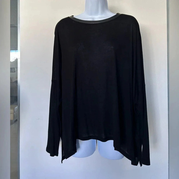 Enza Costa black boxy top lamb leather trim long sleeve Size M - Picture 2 of 8
